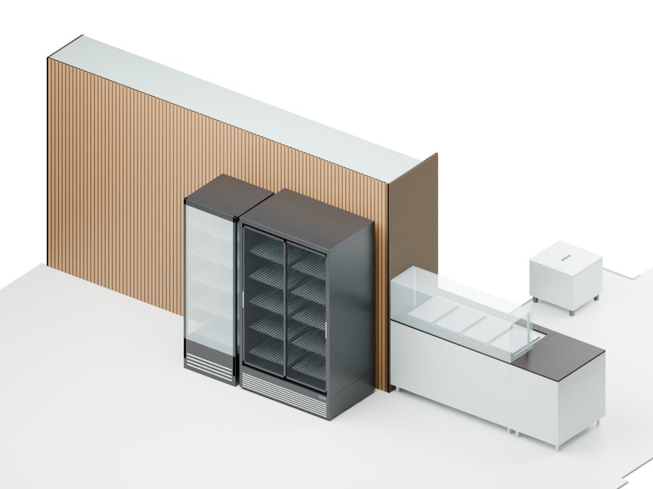 Station take-away, Aarau AG — Sales: drinks coolers in front of the timber slat wall, refrigerated display — Visualisation