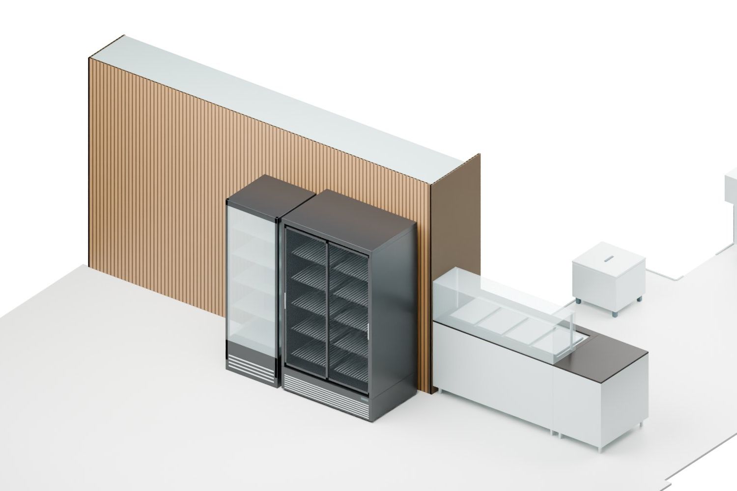 Station take-away, Aarau AG — Sales: drinks coolers in front of the timber slat wall, refrigerated display
