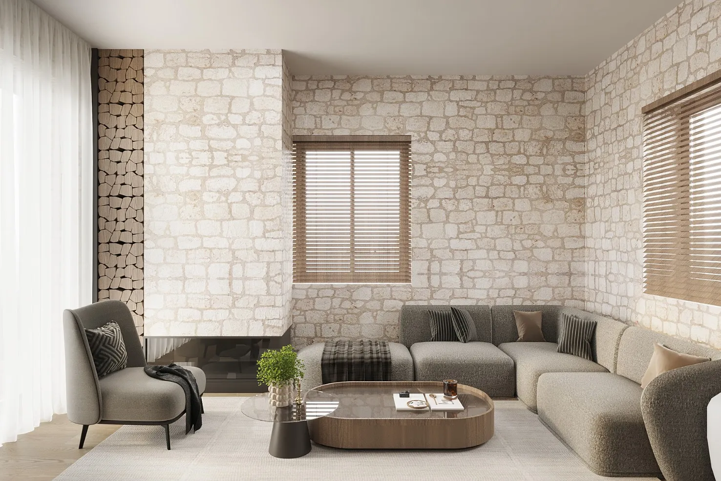 Maisonetten in Naturstein, Athytos, Chalkidiki, Griechenland — Wohnraum mit Natursteinwand und Kamin — Visualisierung