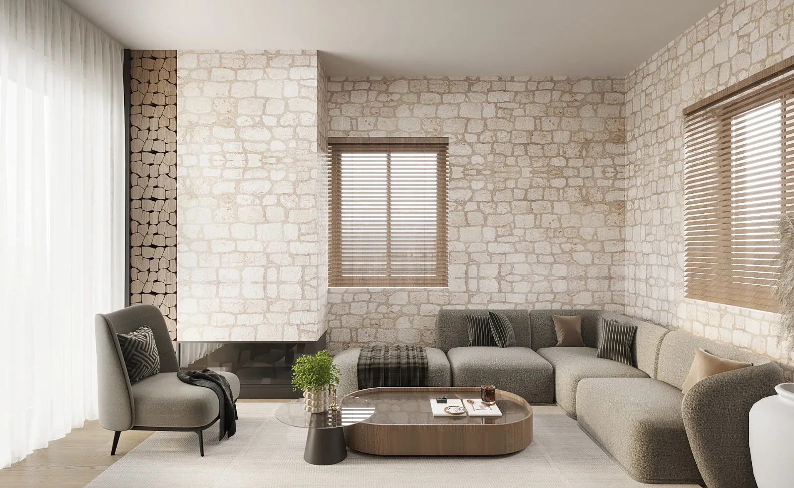 Maisonetten in Naturstein, Athytos, Chalkidiki, Griechenland — Wohnraum mit Natursteinwand und Kamin — Visualisierung