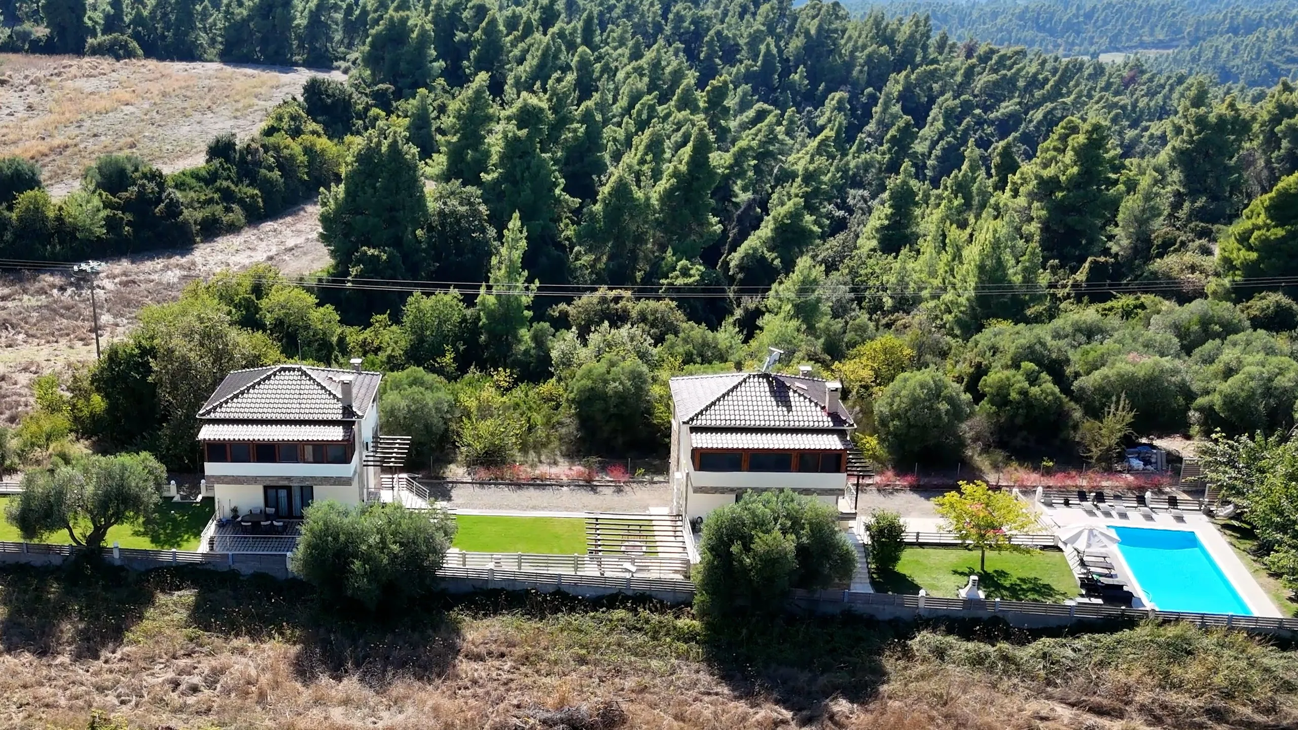 Villen mit Pool, Kryopigi, Chalkidiki, Griechenland — Zwei Villen und Pool im Grünen